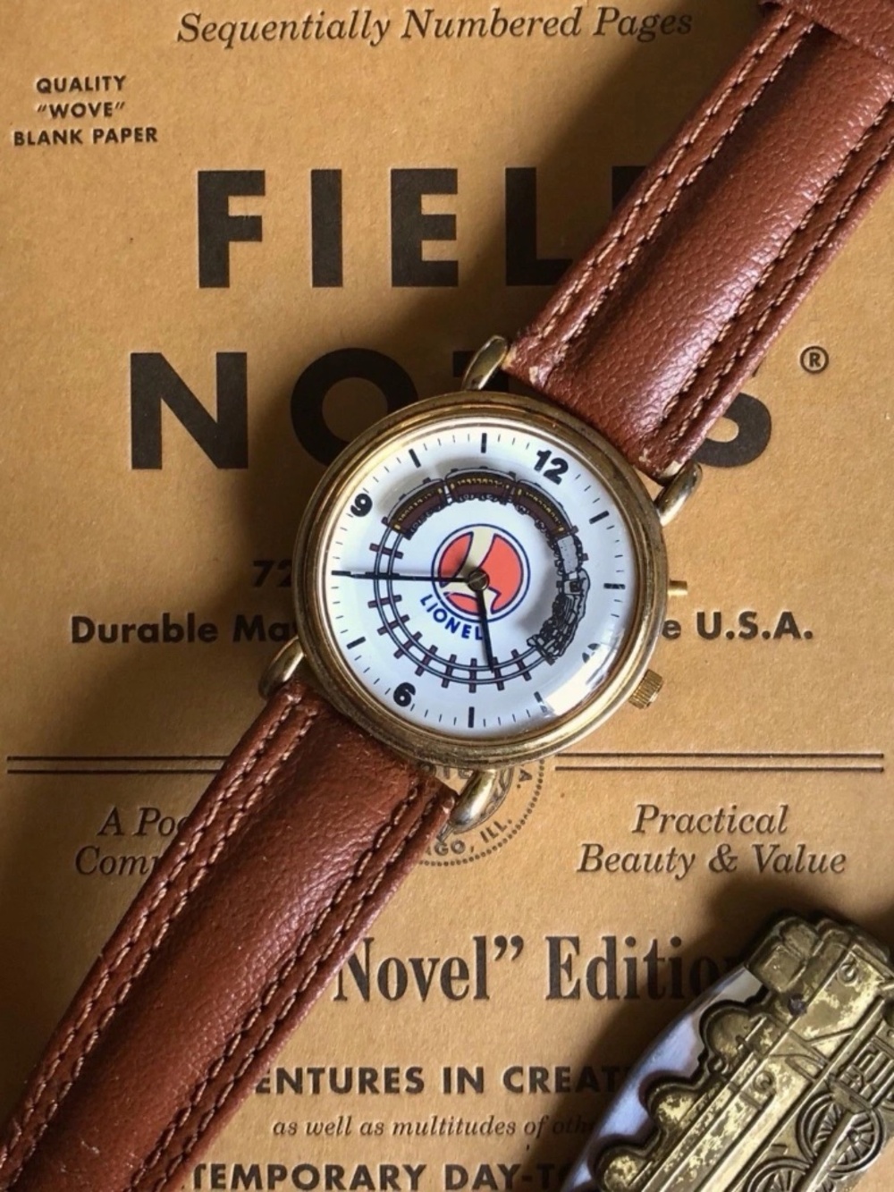 LIONEL TRAIN Watch NEW 1998 Train Whistle Sounds Brown Leather Wristwatch w/Tin